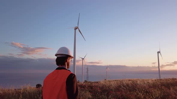 Engineer Walks Towards Wind Turbines alt