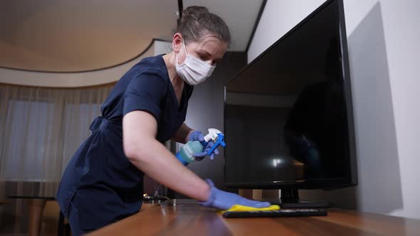 Woman Worker Cleaning Surface Near TVset in Room alt