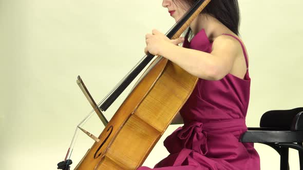 Woman Sits and Plays the Cello . Side View. White Background alt