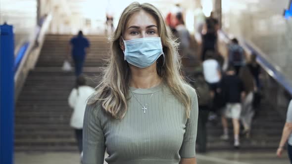 Woman Masks Walking Station Metro Corona Virus. Crowd People in Subway Covid-19. alt