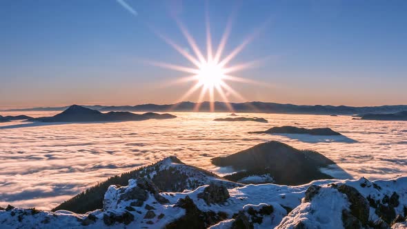 Sunrise Morning Panorama in Cold Sunny Winter Mountains with Foggy Clouds in Valley Nature alt