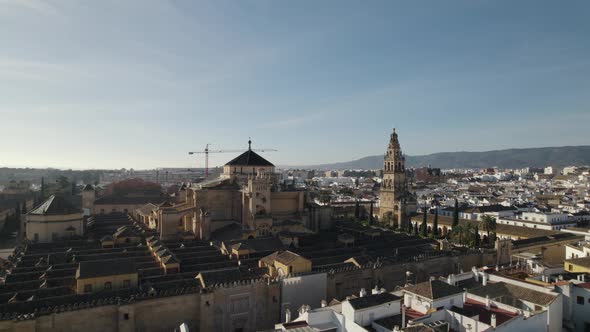 Aerial pan at the Moorish-style Mosque-Cathedral of Cordoba; Spain