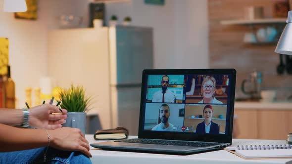 Business Woman Having Webinar Studying From Home alt