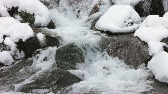 Small Streams of Cold Water Flow Among the Stones Covered with Snow alt