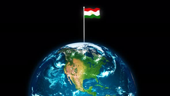 3d Rotated Planet Earth On Flying Tajikistan Flag Animation alt