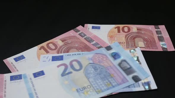 Counting lot of differnt Euro money banknotes slow-mo 1080p FullHD footage - Slow motion European Un alt