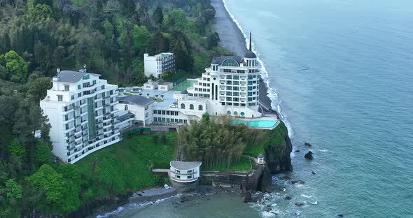 Tsikhisdziri, Georgia - May 8 2022: Aerial view of Castello Mare Hotel alt