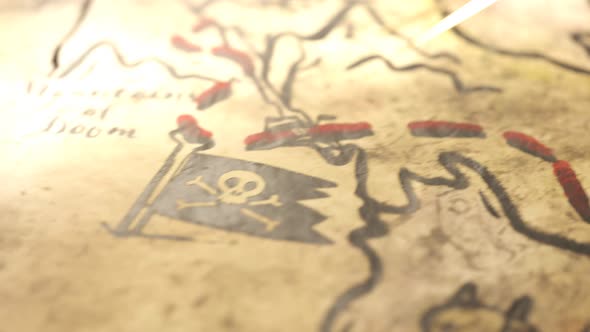 Funny hand-drawn ancient map with animated drawings. Treasure chest full of gold alt
