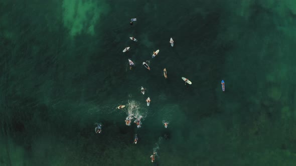 Aerial Drone Flight Over Multicolor Surfers at the Indian Ocean Bali Indonesia alt