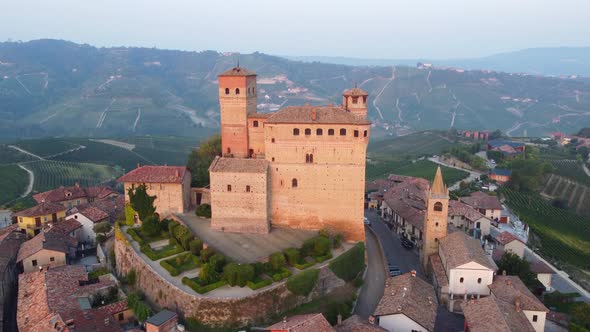 Serralunga d'Alba and Medieval Castle in Langhe, Piedmont Italy Aerial View alt
