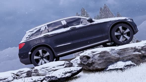 Luxury Off-Road Vehicle in Evening and Snow View, Standing in Mountainous and Rocky Area