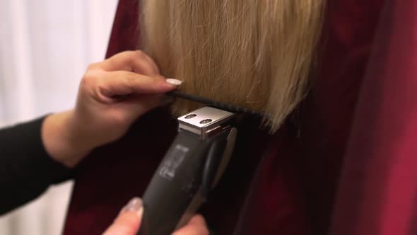 Closeup of the Hairdresser Cutting the Ends of the Hair with Clippers