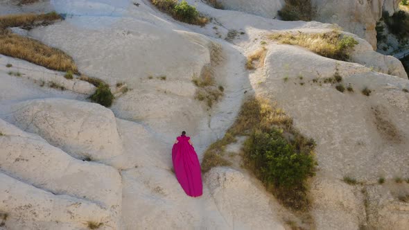 Young Tall Girl Model Runs in a Long Purple Dress with a Tail in the Mountains alt