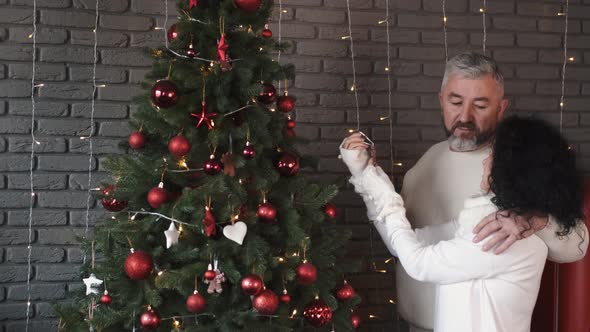 Happy Mature Couple Decorate Christmas Tree Together at Home alt