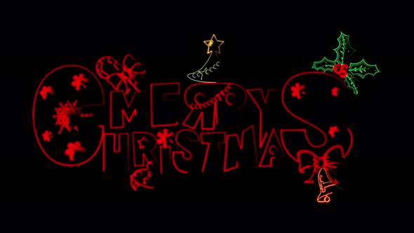 Merry Christmas neon letters glowing on black background splash. Red neon text close-up