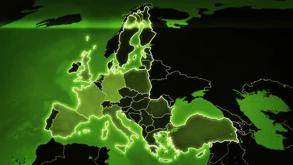 World map with European Airports, Roads and Railroads. Green. Highly detailed European map. alt