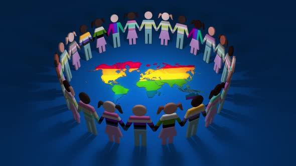 3D Cutout LGBTQ People in Silhouettes forming a Looped Circle around Blue World Map Background