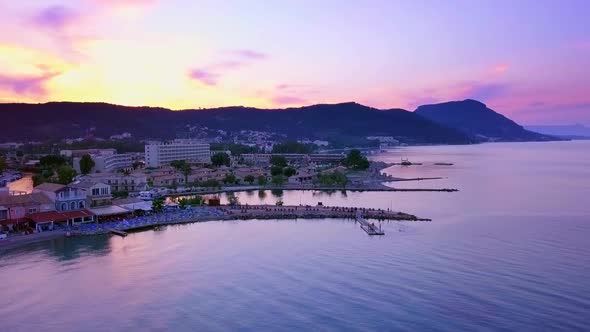 Greece, Corfu Island Aerial Shot of a Sunset Over Messonghi Beach