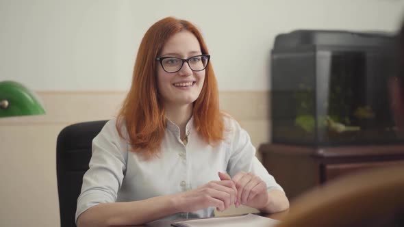 Portrait of Pretty Woman Psychologist Having Session with Her Patient. Beautiful Red-haired Woman alt