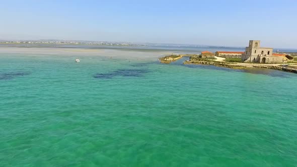 Aerial view of a scenic blue green lake alt