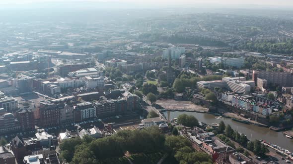 Dolly forward drone shot towards St Mary Redcliffe Church Bristol alt