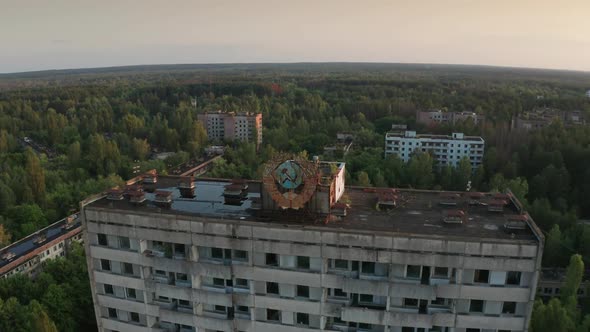 Drone Shot of Pripyat Town Panorama at Sunrise alt
