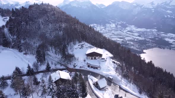 Aerial View of Snow Mountain and Lake Range Landscape in France alt