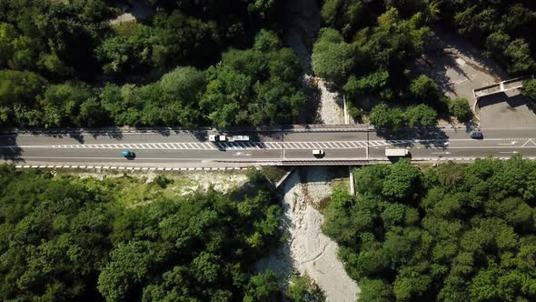 Top Down Close Up of Highway Road Between Green Forest Trees alt