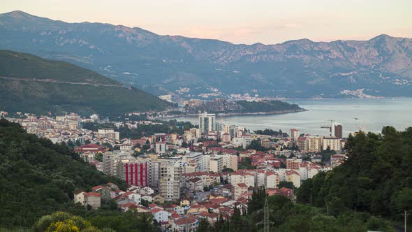 Budva city from above and Adriatic sea coast in Montenegro. 4K time lapse