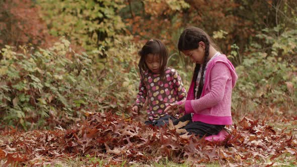 Two young girls in Fall look at pile of leaves