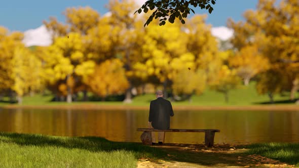 Senior Man Sitting On Bench Looking At Autumn Landscape