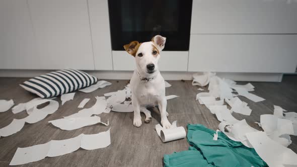 A Funny Dog Who Gave Birth to Jack Russell Scattered Things on the Kitchen Floor alt