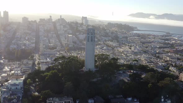 Aerial, San Francisco Coit Tower and cityscape, panning right drone 04. alt