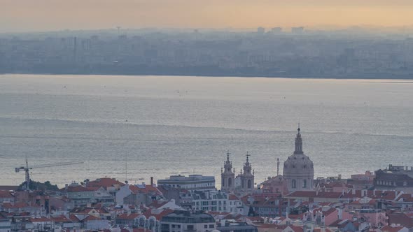 Panoramic View During Sunrise Over Lisbon and Almada From a Viewpoint in Monsanto Morning Timelapse. alt