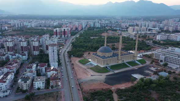 Panoramic Aerial View of European Town Landscape with Mosque Minaret View alt