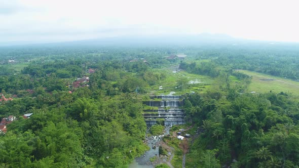 Aerial view Grojogan Watu purbo waterfall is very beautiful located Sleman, Yogyakarta, Indonesia alt