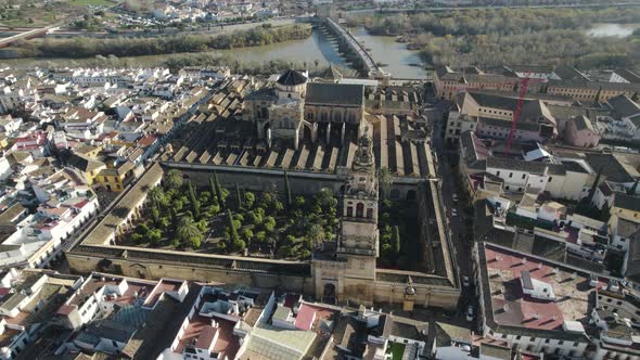 Aerial orbit of iconic landmark Mezquita-Catedral de Córdoba, Spain