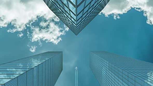 Airplane Flying Over Skyscrapers Aircraft Above Buildings 4k