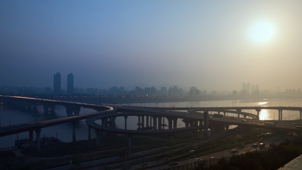 Sunrise Han River and northeastern Seoul