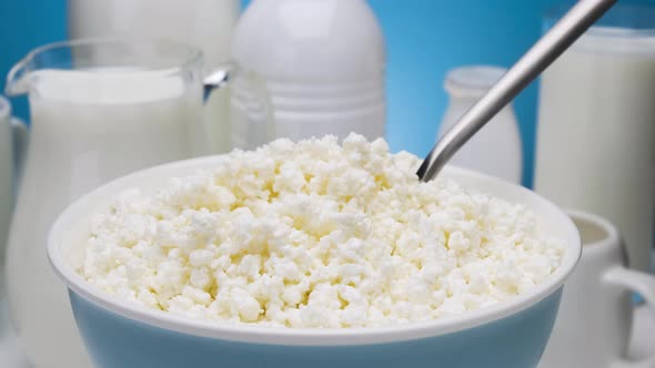 Bowl of cottage cheese, served with various dairy products alt