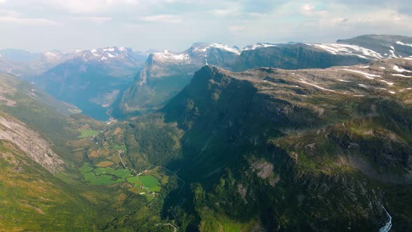 Panorama of Geirangerfjord and mountains, Dalsnibba viewpoint, Norway