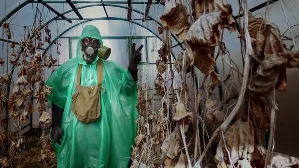 Survivor Man in Gas Mask and Raincoat Shows V Sign in Greenhouse alt