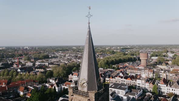 Drone View of Old Clock Tower in Modern European City in Summer