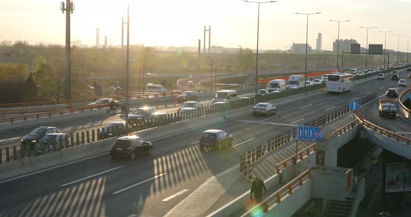 Belgrade, Serbia - cars on motorway highway bridge at day, urban background