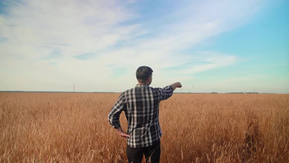 A farmer stands with his back in a field with wheat and slowly moves his hand to show his land.