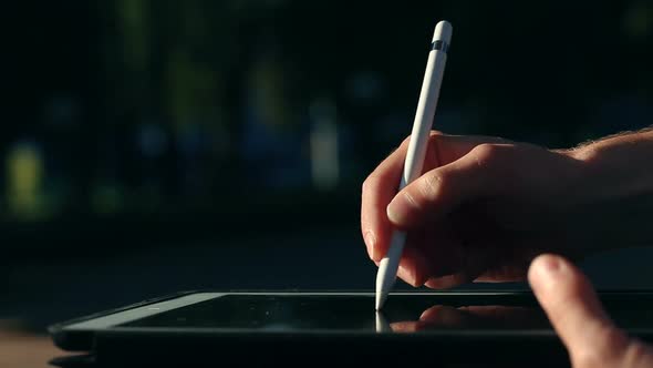 Artist Drawing a Sketch on Tablet Using Stylus at Park