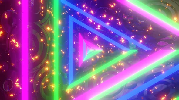 Abstract Loop Motion Graphics of Flying Into Rotation Triangle Neon Tunnel with Glow Particles