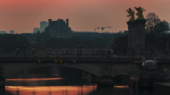 Paris France Timelapse  Close Up of the Pont Alexandre III Bridge During the Sunrise