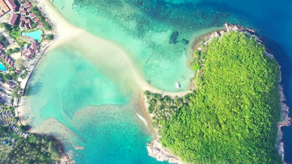 Aerial above tourism of idyllic resort beach holiday by blue ocean with clean sand background of a d alt