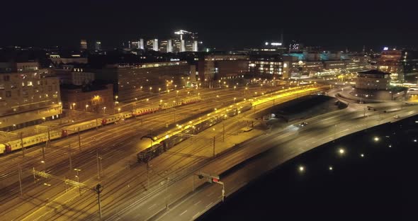 Aerial View of Railway at Night in Stockholm